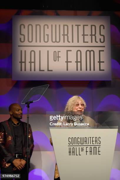 Songwriters Hall of Fame Inductee Allee Willis speaks onstage during the Songwriters Hall of Fame 49th Annual Induction and Awards Dinner at New York...