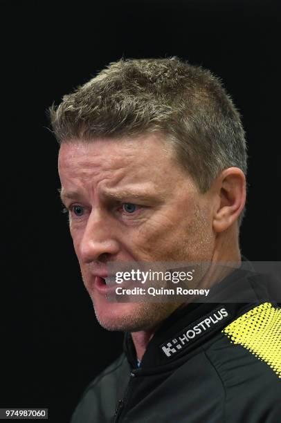 Tigers head coach Damien Hardwick talks to the media during a Richmond Tigers AFL training session at Punt Road Oval on June 15, 2018 in Melbourne,...