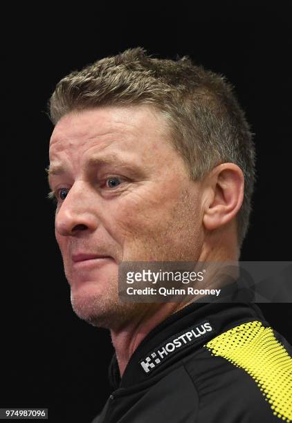 Tigers head coach Damien Hardwick talks to the media during a Richmond Tigers AFL training session at Punt Road Oval on June 15, 2018 in Melbourne,...