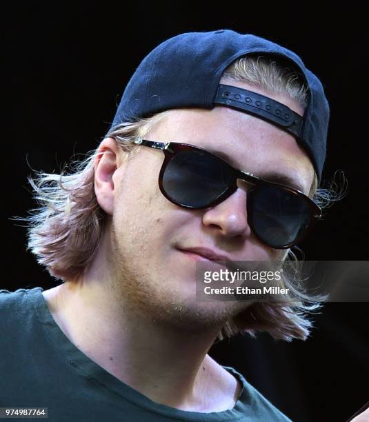 William Karlsson of the Vegas Golden Knights is introduced at the team's "Stick Salute to Vegas and Our Fans" event at the Fremont Street Experience...