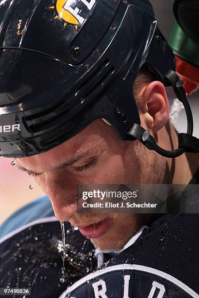 Gregory Campbell of the Florida Panthers cools off against he Carolina Hurricanes at the BankAtlantic Center on March 6, 2010 in Sunrise, Florida.