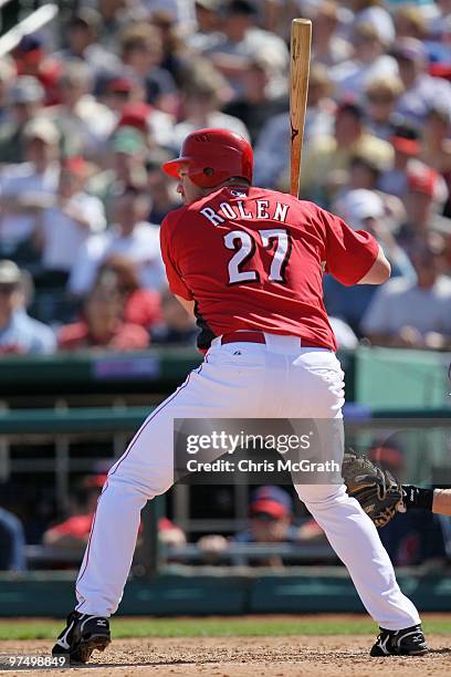 Scott Rolen of the Cincinnati Reds at bat against the Cleveland Indians during a spring training game at Goodyear Ballpark on March 5, 2010 in...