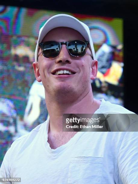Nate Schmidt of the Vegas Golden Knights is introduced at the team's "Stick Salute to Vegas and Our Fans" event at the Fremont Street Experience on...