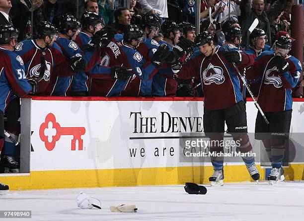 Chris Stewart of the Colorado Avalanche celebrates a hat trick against the St. Louis Blues at the Pepsi Center on March 6, 2010 in Denver, Colorado.
