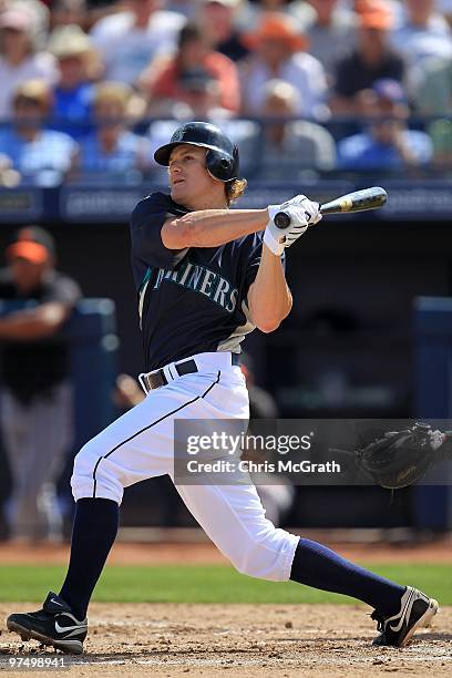 Eric Byrnes of the Seattle Mariners at bat against the San Francisco Giants during a spring training game at Peoria Sports Complex on March 3, 2010...