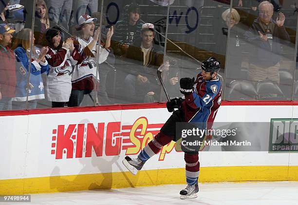 Chris Stewart of the Colorado Avalanche celebrates a hat trick against the St. Louis Blues at the Pepsi Center on March 6, 2010 in Denver, Colorado.