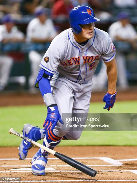 New York Mets center fielder Brandon Nimmo hits a homer during the MLB baseball game between the Arizona Diamondbacks and the New York Mets on June...