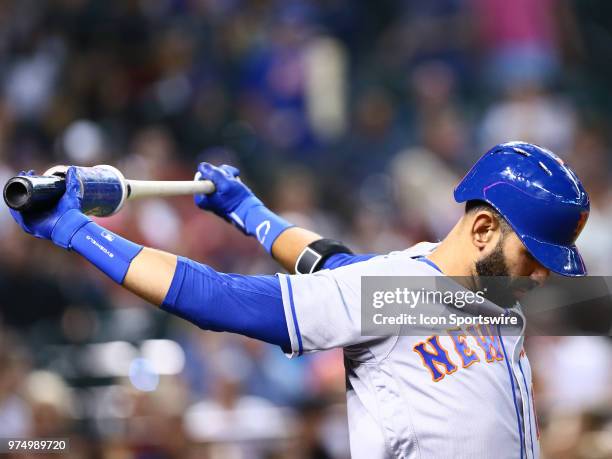 New York Mets center fielder Jose Bautista stretches during the MLB baseball game between the Arizona Diamondbacks and the New York Mets on June 14,...