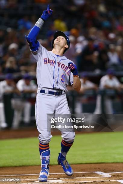 New York Mets center fielder Brandon Nimmo celebrates a homer during the MLB baseball game between the Arizona Diamondbacks and the New York Mets on...