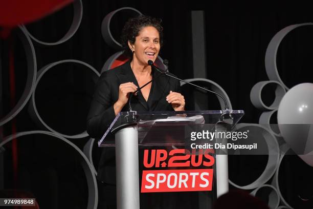 Dana Goldberg speaks onstage during 2018 Up2Us Sports Gala celebrates Service Through Sports at Guastavino's on June 14, 2018 in New York City.