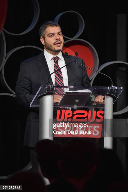 Players President Ahmad Nassar accepts the Legacy Award 2018 Up2Us Sports Gala celebrates Service Through Sports at Guastavino's on June 14, 2018 in...