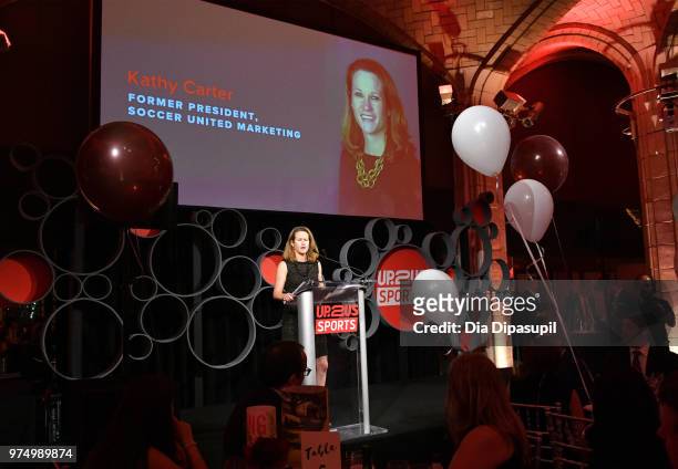 Legacy Award Winner Kathy Carter speaks onstage during the 2018 Up2Us Sports Gala celebrates Service Through Sports at Guastavino's on June 14, 2018...