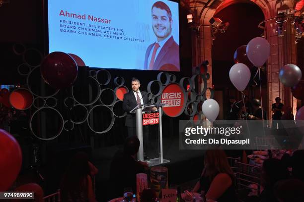 Players President Ahmad Nassar accepts the Legacy Award 2018 Up2Us Sports Gala celebrates Service Through Sports at Guastavino's on June 14, 2018 in...