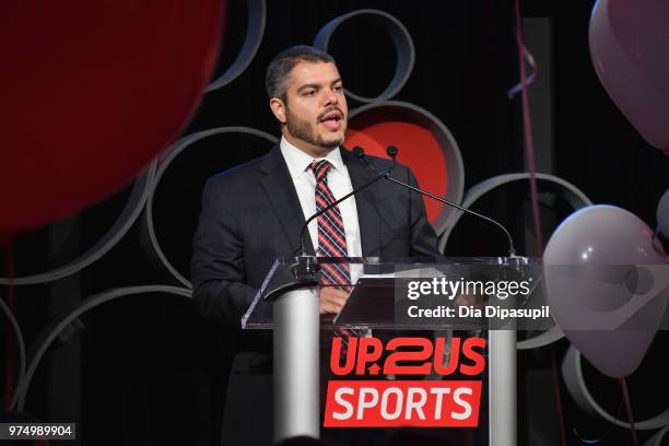 Players President Ahmad Nassar accepts the Legacy Award 2018 Up2Us Sports Gala celebrates Service Through Sports at Guastavino's on June 14, 2018 in...