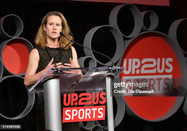 Legacy Award Winner Kathy Carter speaks onstage during the 2018 Up2Us Sports Gala celebrates Service Through Sports at Guastavino's on June 14, 2018...