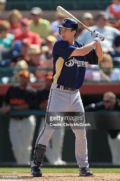 Craig Counsell of the Milwaukee Brewers bats against the San Francisco Giants during a spring training game at Scottsdale Stadium on March 4, 2010 in...