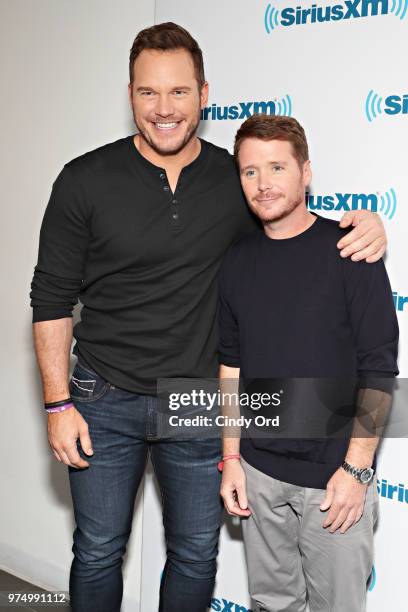 Actors Chris Pratt and Kevin Connolly visit the SiriusXM Studios on June 14, 2018 in New York City.