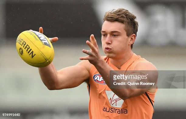 Patrick Cripps of the Blues marks during a Carlton Blues AFL training session at Ikon Park on June 15, 2018 in Melbourne, Australia.
