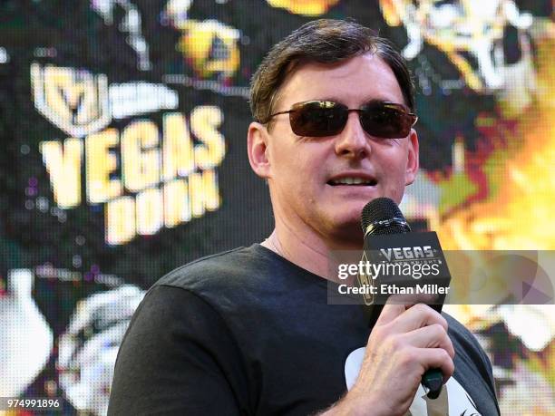 Vegas Golden Knights television play-by-play announcer Dave Goucher speaks during the team's "Stick Salute to Vegas and Our Fans" event at the...