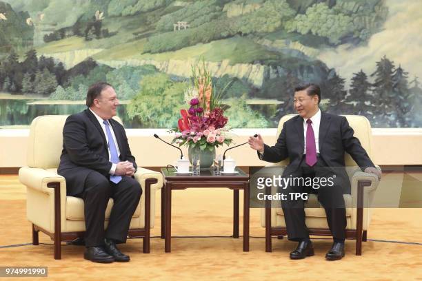 China present Xi Jinping meeting with United States secretary of state Pompeo on 14 June 2018 in Beijing, China.
