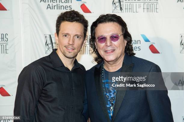 Jason Mraz and Rudy Perez attend the 2018 Songwriter's Hall Of Fame Induction and Awards Gala at New York Marriott Marquis Hotel on June 14, 2018 in...
