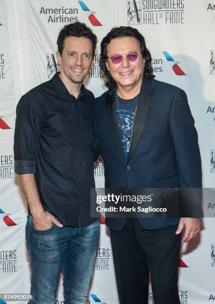 Jason Mraz and Rudy Perez attend the 2018 Songwriter's Hall Of Fame Induction and Awards Gala at New York Marriott Marquis Hotel on June 14, 2018 in...