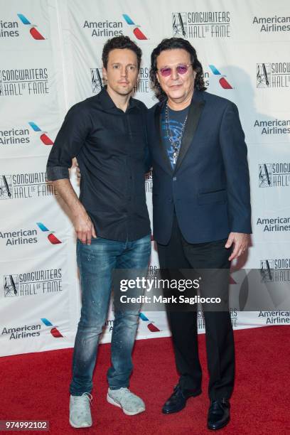 Jason Mraz and Rudy Perez attend the 2018 Songwriter's Hall Of Fame Induction and Awards Gala at New York Marriott Marquis Hotel on June 14, 2018 in...