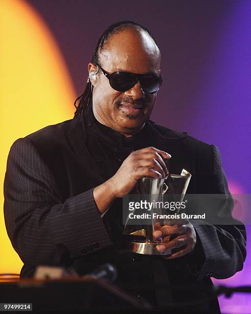 Singer Stevie Wonder performs on stage during the 25th Victoires de la Musique yearly French music awards ceremony at Zenith de Paris on March 6,...