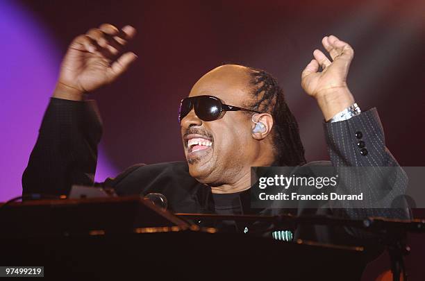 Singer Stevie Wonder performs on stage during the 25th Victoires de la Musique yearly French music awards ceremony at Zenith de Paris on March 6,...