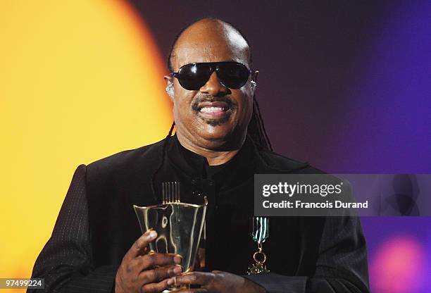 Singer Stevie Wonder performs on stage during the 25th Victoires de la Musique yearly French music awards ceremony at Zenith de Paris on March 6,...