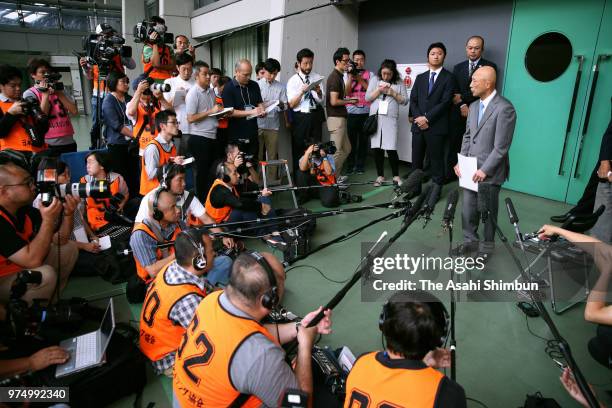 Shigakkan University Wresting team head coach Kazuhito Sakae speaks to media on his power harrassment scandal prior to day one of the All Japan...