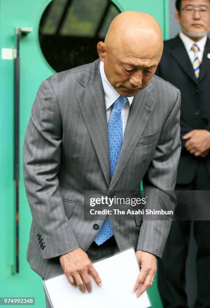 Shigakkan University Wresting team head coach Kazuhito Sakae speaks to media on his power harrassment scandal prior to day one of the All Japan...