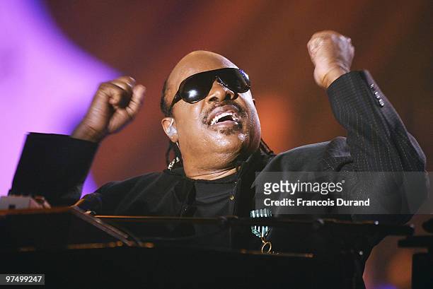 Singer Stevie Wonder performs on stage during the 25th Victoires de la Musique yearly French music awards ceremony at Zenith de Paris on March 6,...