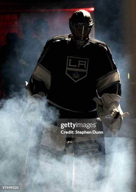 Goaltender Jonathan Quick of the Los Angeles Kings leads his team onto the ice for the game with the Montreal Canadiens on March 6, 2010 at Staples...