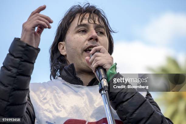 Tomas Montenegro, general secretary of Chubut province at the Argentine Workers' Central Union , speaks during a truck drivers' national strike in...