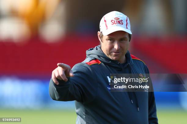 Stuart Dew looks on during a Gold Coast Suns AFL training session at Metricon Stadium on June 15, 2018 in Gold Coast, Australia.