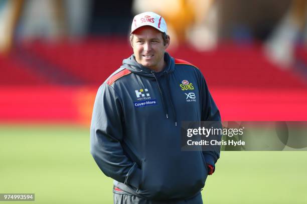 Stuart Dew looks on during a Gold Coast Suns AFL training session at Metricon Stadium on June 15, 2018 in Gold Coast, Australia.