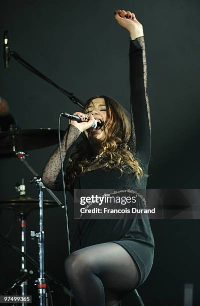 French singer Izia performs on stage during the 25th Victoires de la Musique yearly French music awards ceremony at Zenith de Paris on March 6, 2010...