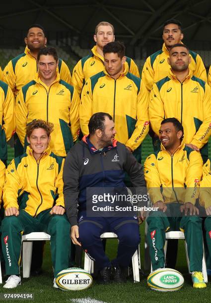 Michael Hooper of the Wallabies, Michael Cheika, Coach of the Wallabies and Kurtley Beale of the Wallabies look on during the team photo during an...
