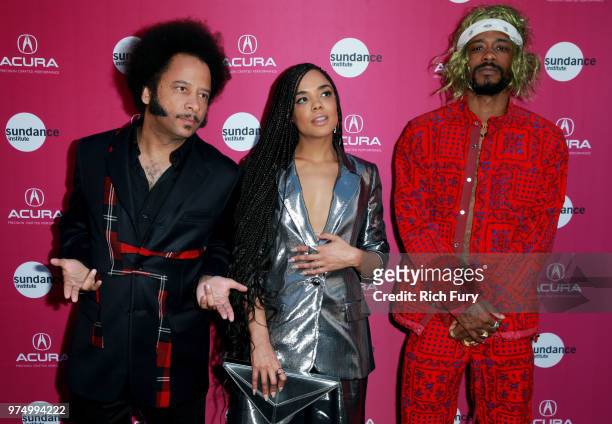 Boots Riley, Tessa Thompson, and Lakeith Stanfield attend the Sundance Institute at Sundown Summer Benefit at the Ace Hotel on June 14, 2018 in Los...
