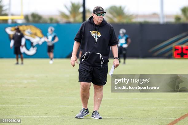 Jacksonville Jaguars head coach Doug Marrone looks on during the Jaguars Minicamp on June 14, 2018 at Dream Finders Homes Practice Complex in...