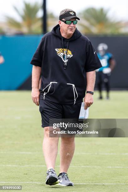 Jacksonville Jaguars head coach Doug Marrone looks on during the Jaguars Minicamp on June 14, 2018 at Dream Finders Homes Practice Complex in...