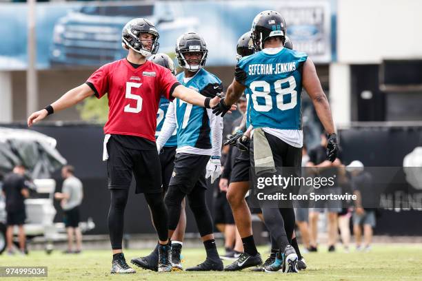 Jacksonville Jaguars quarterback Blake Bortles and Jacksonville Jaguars tight end Austin Saferian-Jenkins after a play during the Jaguars Minicamp on...