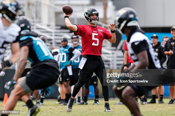 Jacksonville Jaguars quarterback Blake Bortles throws a pass during the Jaguars Minicamp on June 14, 2018 at Dream Finders Homes Practice Complex in...