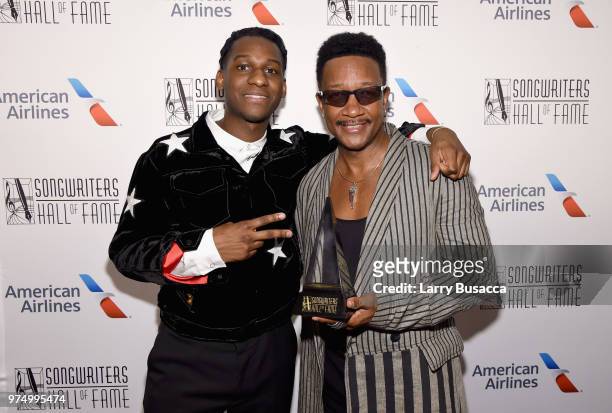 Leon Bridges and Songwriters Hall of Fame Inductee James "JT" Taylor of Kool & the Gang pose backstage during the Songwriters Hall of Fame 49th...