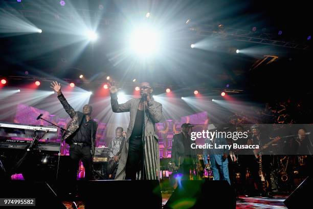 George Brown, Robert "Kool" Bell, James "JT" Taylor, Ronald Bell, and Dennis Thomas of Kool & the Gang perform onstage during the Songwriters Hall of...