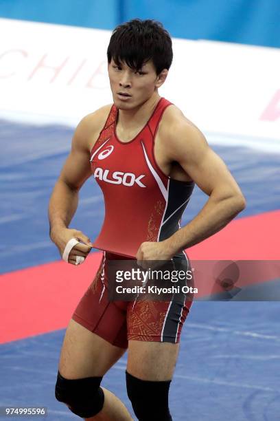 Sosuke Takatani competes against Yuto Izutsu in the Men's Freestyle 79kg second round match on day two of the All Japan Wrestling Invitational...