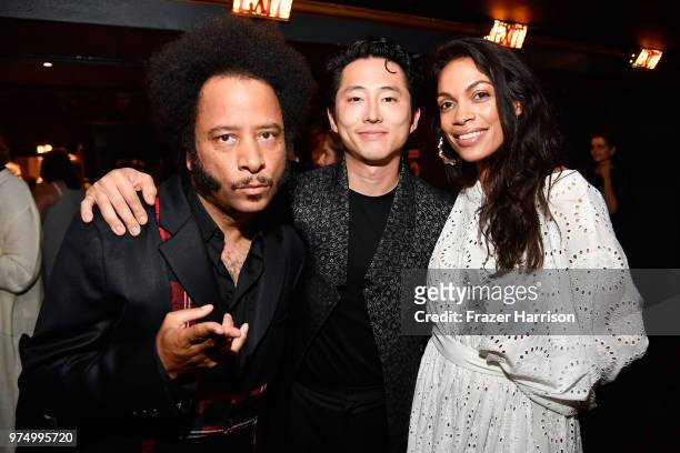 Boots Riley, Steven Yeun, and Rosario Dawson attend the Sundance Institute at Sundown Summer Benefit at the Ace Hotel on June 14, 2018 in Los...