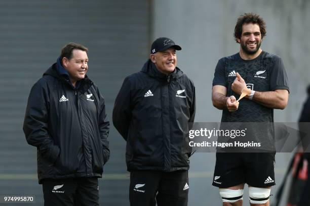 Coach Steve Hansen, mental skills coach Gilbert Enoka and captain Sam Whitelock look on during the New Zealand All Blacks Captain's Run at Westpac...