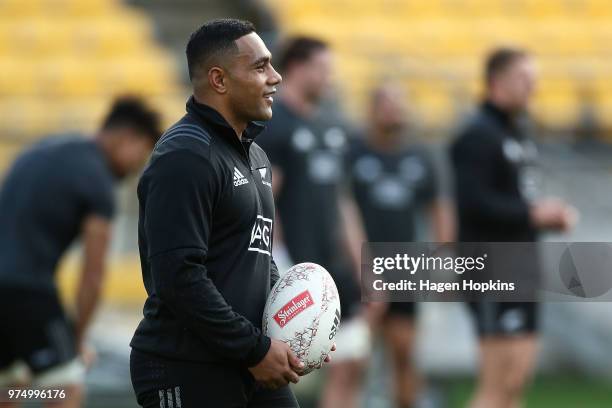 Ngani Laumape looks on during the New Zealand All Blacks Captain's Run at Westpac Stadium on June 15, 2018 in Wellington, New Zealand.